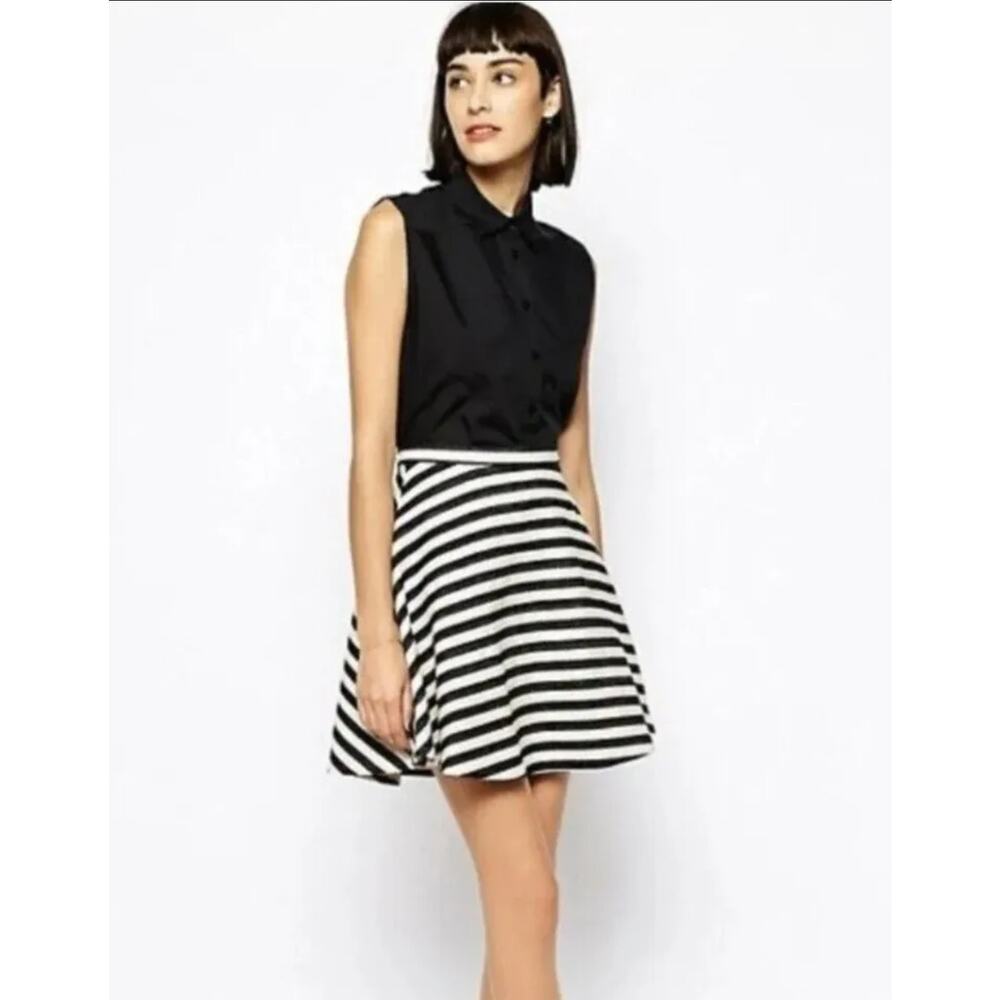 Greylin Anthropologie Womens Mini Skater Skirt Size 0 Black Twill Stripe Retro - Picture 3 of 14